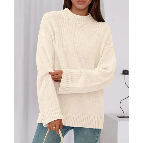 Women's Ribbed Knit Crewneck Sweater Cozy Long Sleeve Fall Winter Clothes - Picture 3 of 8